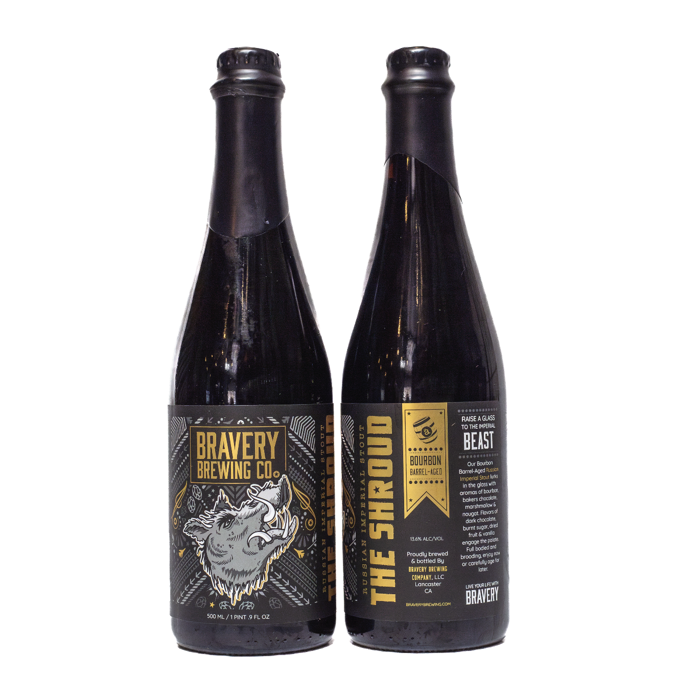two bottles of The Shroud bourbon barrel-aged beer, the left bottle showing the front label art, the right showing the label details