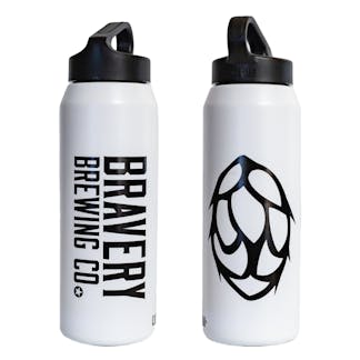 Photo of two white water bottles side by side on a white background. The water bottles are white with a black lid, and black decals on either side. The left bottles decal is the logo for Bravery, the right bottles decal is an icon of a hop.