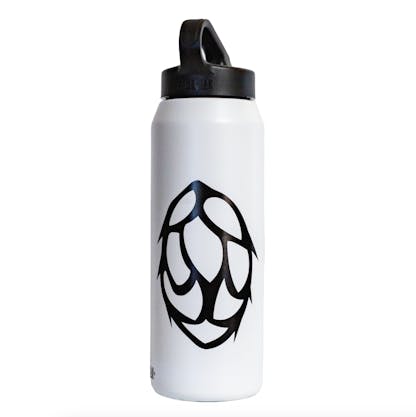 Photo of a white water bottle on a white background. The water bottle is white with a black lid, and black decals on either side. This side shows a decal that is an icon of a hop.