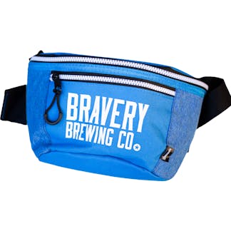 Bravery brewing Fanny Pack Cooler blue. The text "Bravery Brewing Co." is printed in white across the front of the fanny pack.
