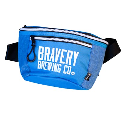 Bravery brewing Fanny Pack Cooler blue. The text "Bravery Brewing Co." is printed in white across the front of the fanny pack.