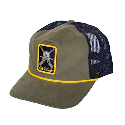 Front side photo of green trucker cap on a white background. The hat has green fabric for the front two panels and bill with black mesh for the back four panels. There is a white, grey and gold embroidered patch with art for the beer "The Gunny" across the front two panels. There is a yellow cord on the edge of the hat where the bill meets the cap.
