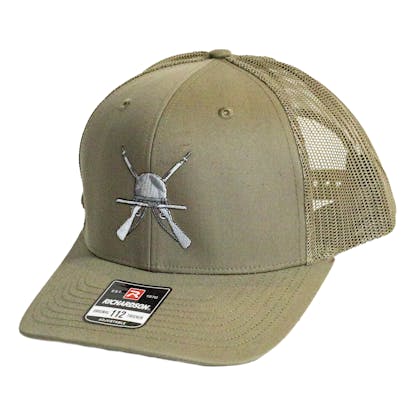 Front side photo of green trucker cap on a white background. The hat has green fabric for the front two panels and bill with green mesh for the back four panels. There is a white and grey embroidered art for the beer "The Gunny" across the front two panels.