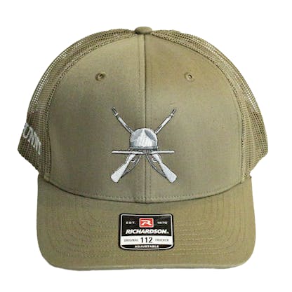 Front photo of green trucker cap on a white background. The hat has green fabric for the front two panels and bill with green mesh for the back four panels. There is a white and grey embroidered art for the beer "The Gunny" across the front two panels.