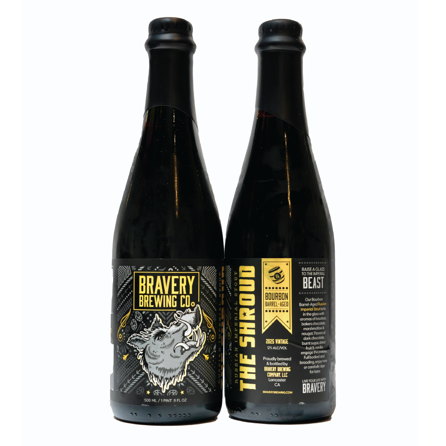 two bottles of The Shroud bourbon barrel-aged beer, the left bottle showing the front label art, the right showing the label details