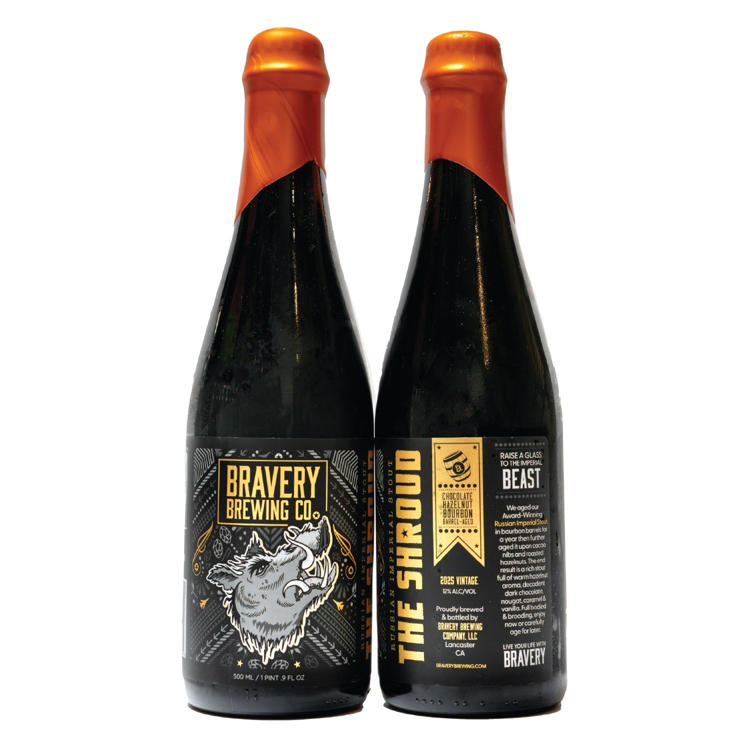 two bottles of The Shroud Chocolate Hazelnut bourbon barrel-aged beer, the left bottle showing the front label art, the right showing the label details