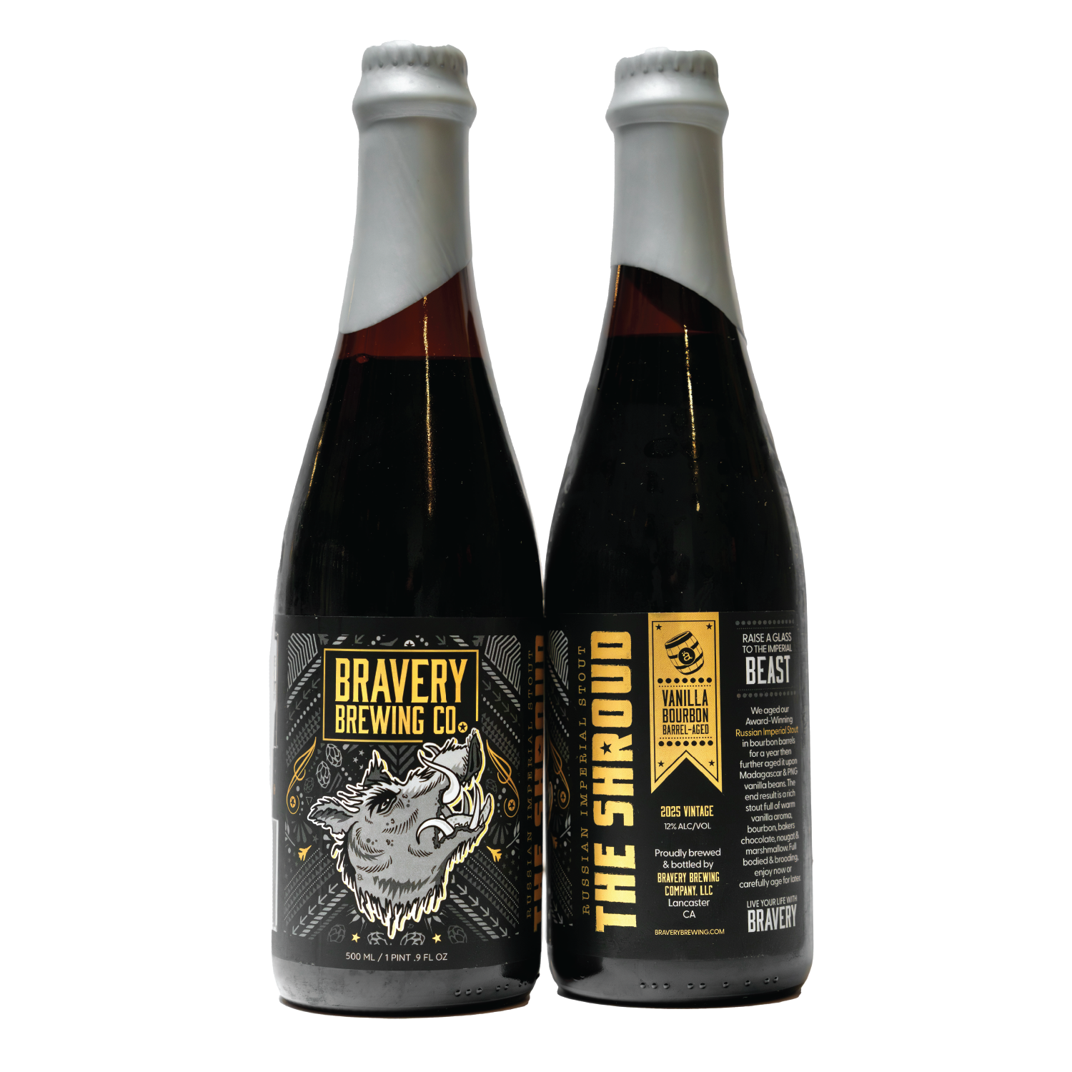 two bottles of The Shroud Vanilla bourbon barrel-aged beer, the left bottle showing the front label art, the right showing the label details