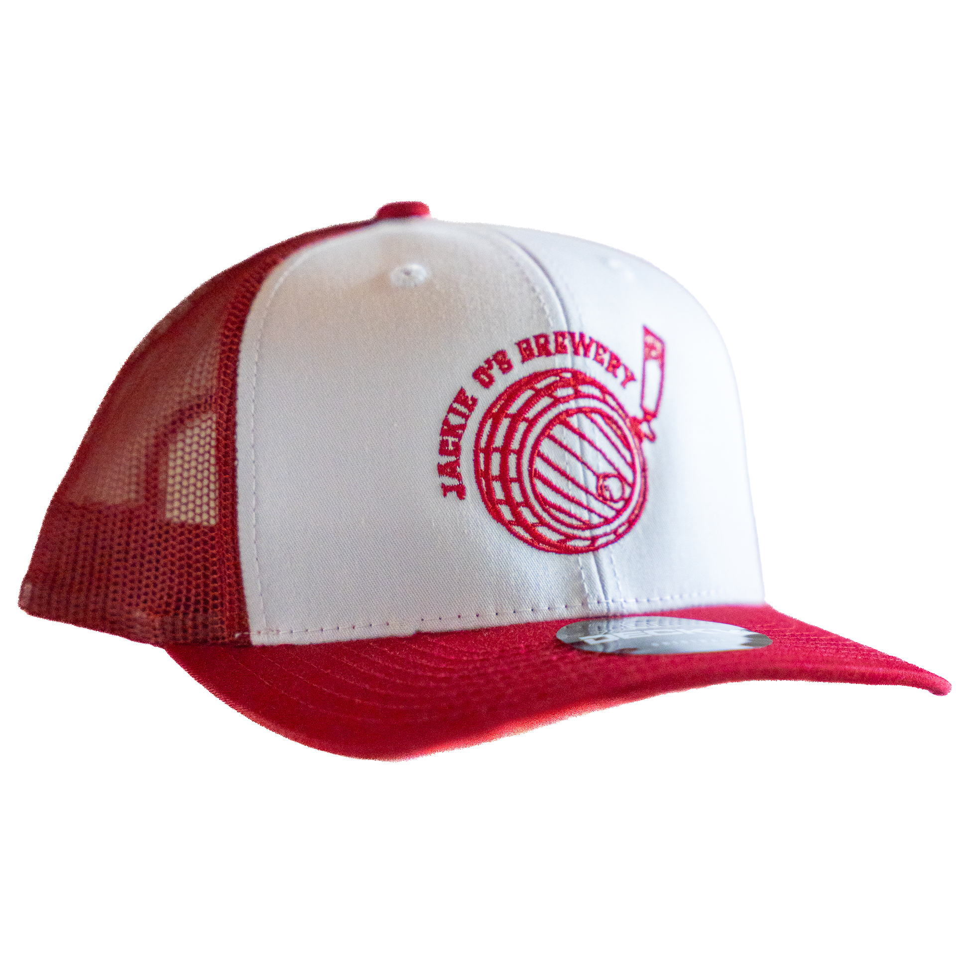 Red & White Jackie O's Barrel Mesh Hat